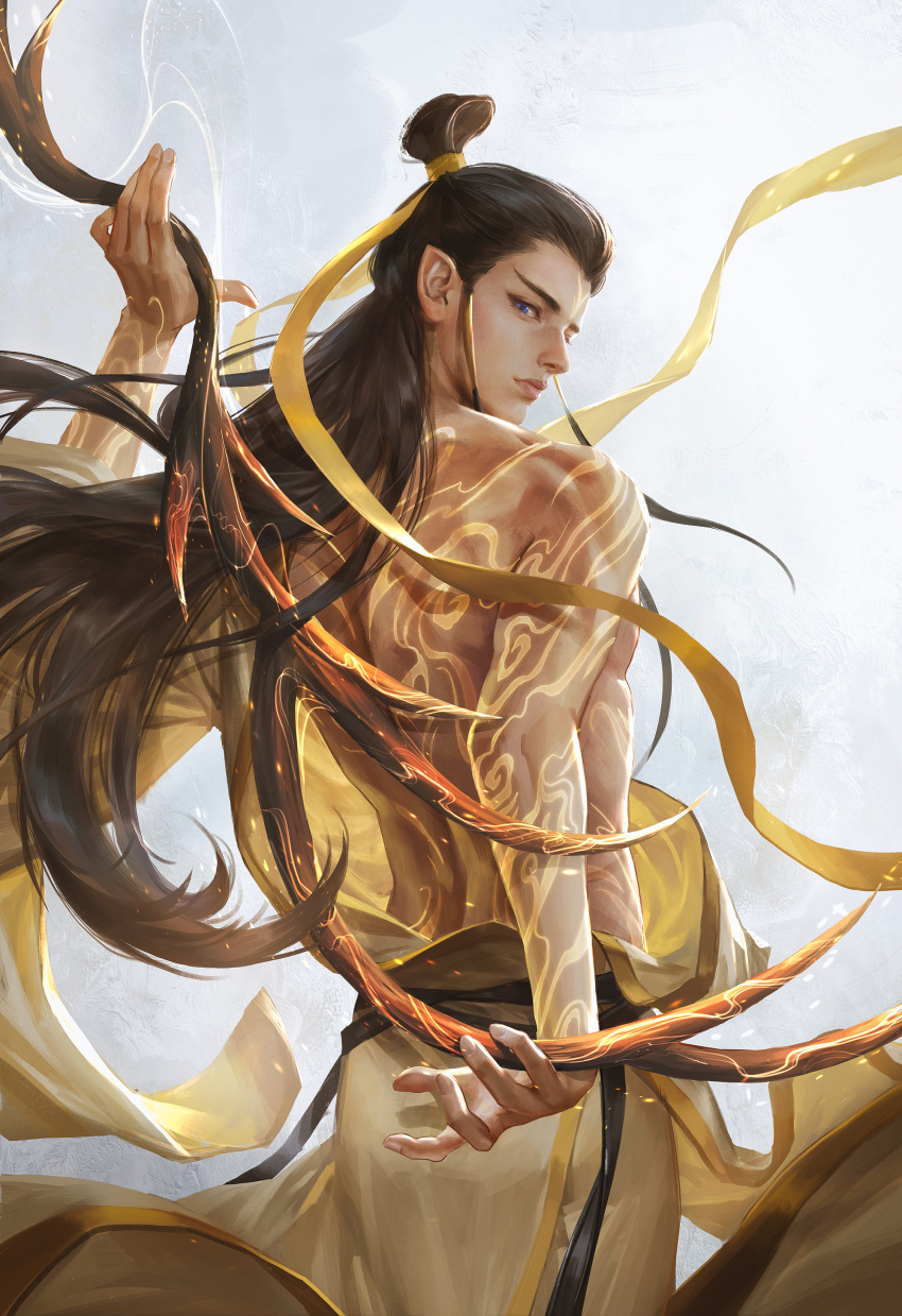 1boy, absurdres, blue_eyes, body_markings, bow_(weapon), brown_hair, chinese_clothes, chinese_commentary
