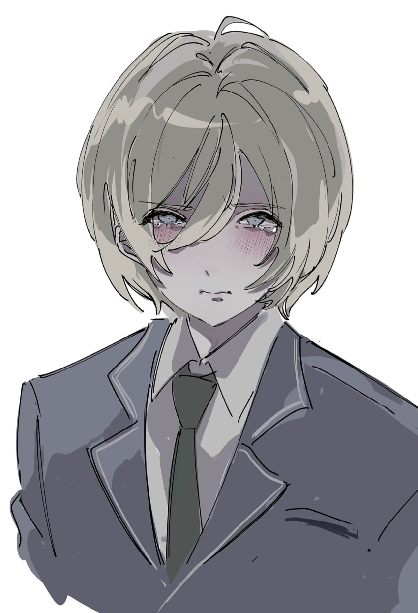 1boy, black_jacket, blonde_hair, blush, closed_mouth, collared_shirt, ensemble_stars!, grey_eyes, hair_between_eyes, highres, jacket, looking_at_viewer, male_focus, nameplate_(idonotcare107), necktie, sad, shirt, short_hair, simple_background, solo, tears, tenshouin_eichi, upper_body, white_background, white_shirt