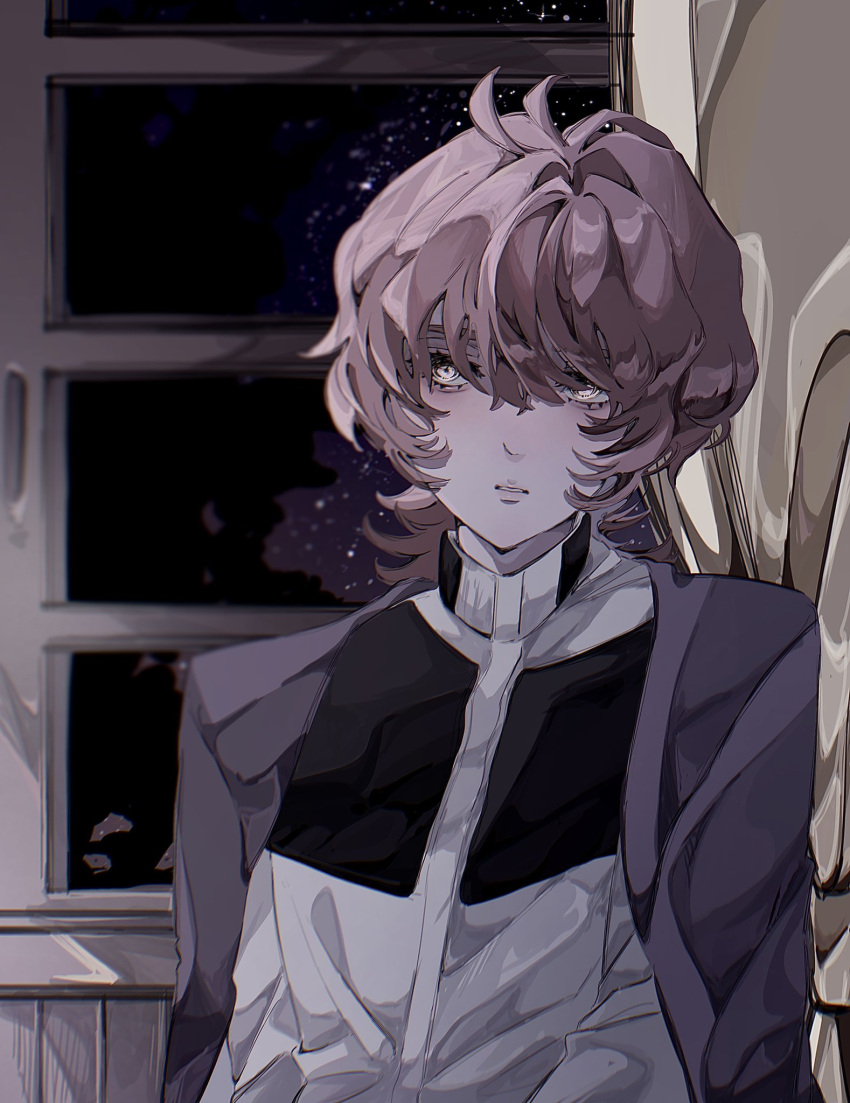1boy, brown_hair, classicaloid, curtains, eyelashes, frederic_chopin_(classicaloid), grey_shirt, hair_between_eyes, highres, indoors, long_sleeves, male_focus, nameplate_(idonotcare107), night, parted_lips, sad, shirt, short_hair, solo, upper_body, window, yellow_eyes