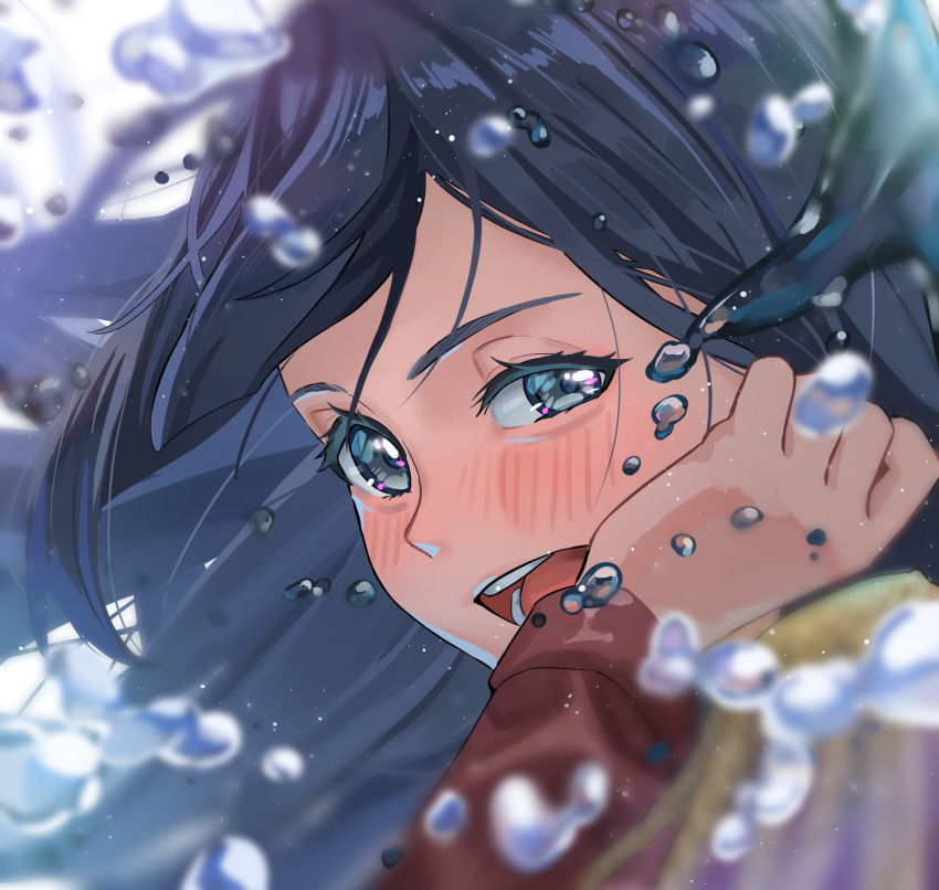 1girl, black_hair, blush, commentary, dive!_(love_live!), grey_eyes, highres, long_hair, long_sleeves, looking_at_viewer, love_live!, love_live!_nijigasaki_high_school_idol_club, solo, tanaka_yaku, upper_body, water, water_drop, yuki_setsuna