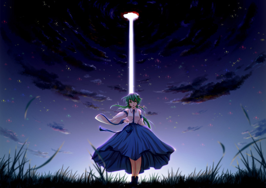 azusayumi_meme, beam, breasts, cloud, clouds, detached_sleeves, frog, grass