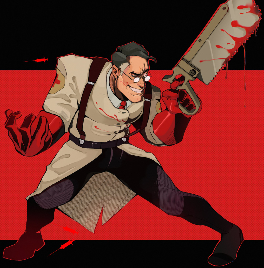 1boy, black_hair, blood, blood_on_clothes, blood_on_face, blood_on_weapon, bonesaw, commentary
