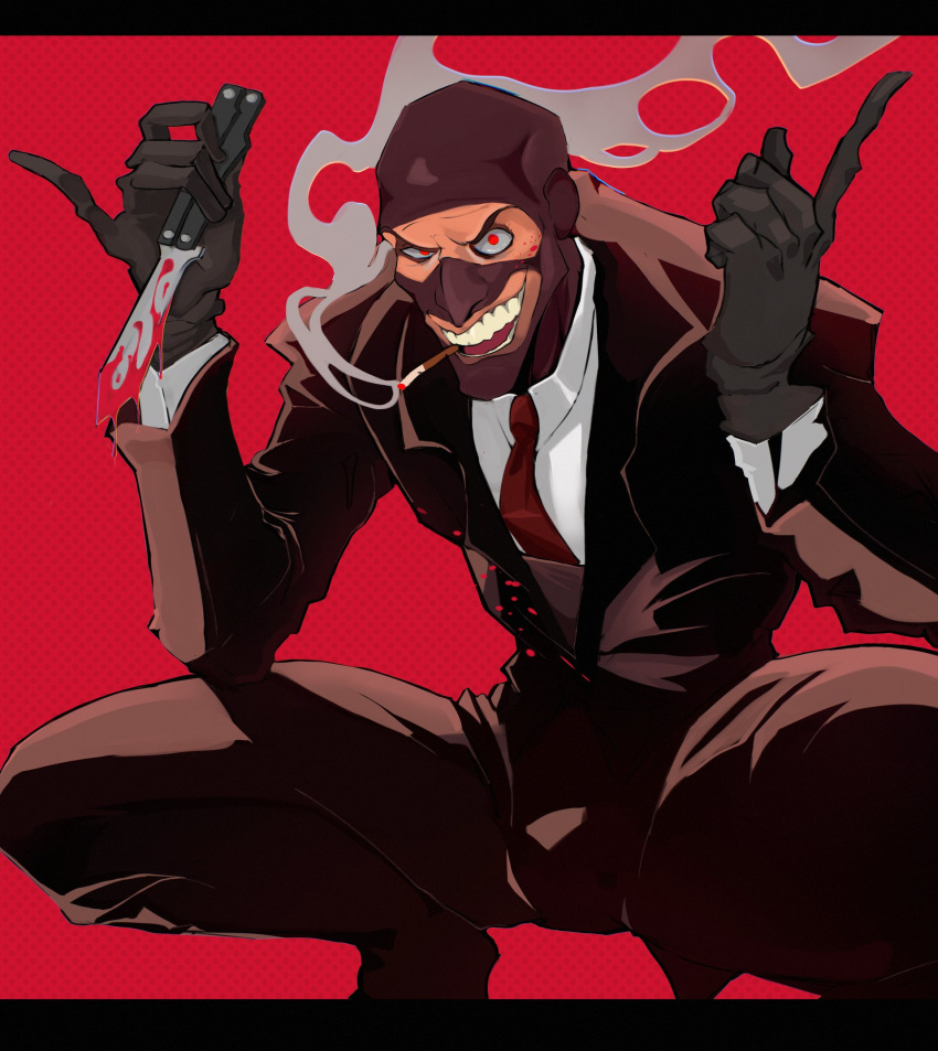 1boy, balaclava, balisong, black_gloves, blood, blood_on_clothes, blood_on_weapon, bulge