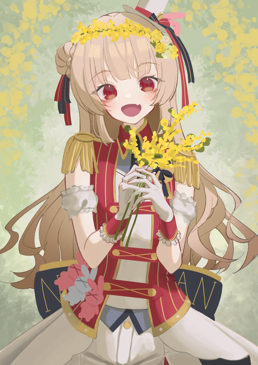 1girl, :d, absurdres, blonde_hair, blunt_bangs, bouquet, commentary_request, cowboy_shot
