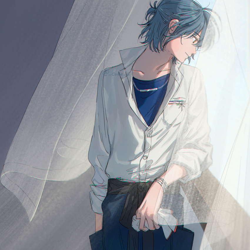 1boy, absurdres, adam's_apple, apron, blue_apron, blue_undershirt, bracelet, buttons