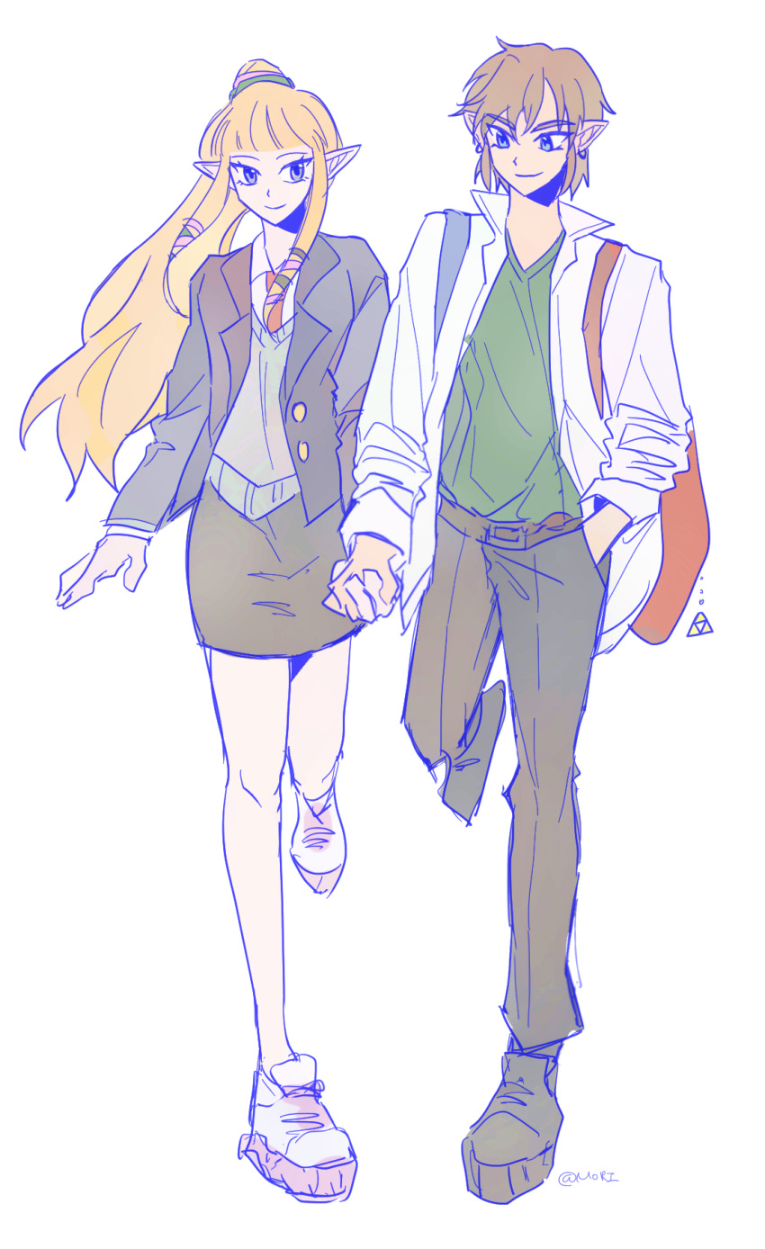 1boy, 1girl, alternate_costume, backpack, bag, blonde_hair, blue_eyes, brown_jacket
