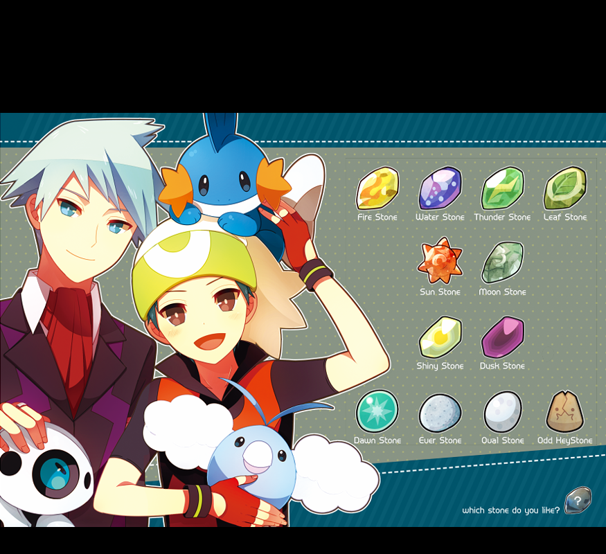 2boys, aron, ascot, blue_eyes, blue_hair, brendan_(pokemon), brown_eyes, dawn_stone