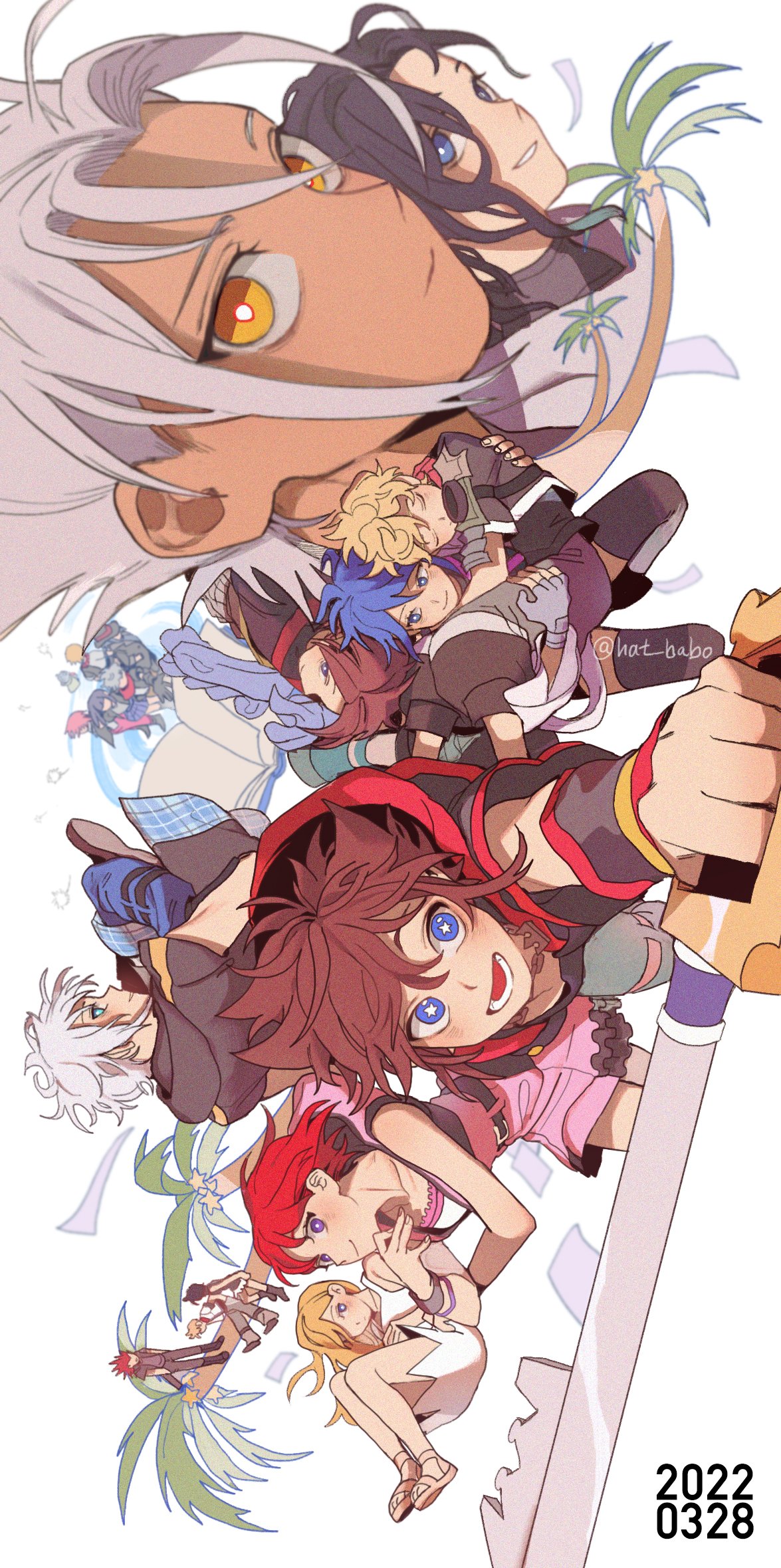 aqua_(kingdom_hearts), axel_(kingdom_hearts), black_hair, blonde_hair, blue_eyes, blue_hair, blush, book