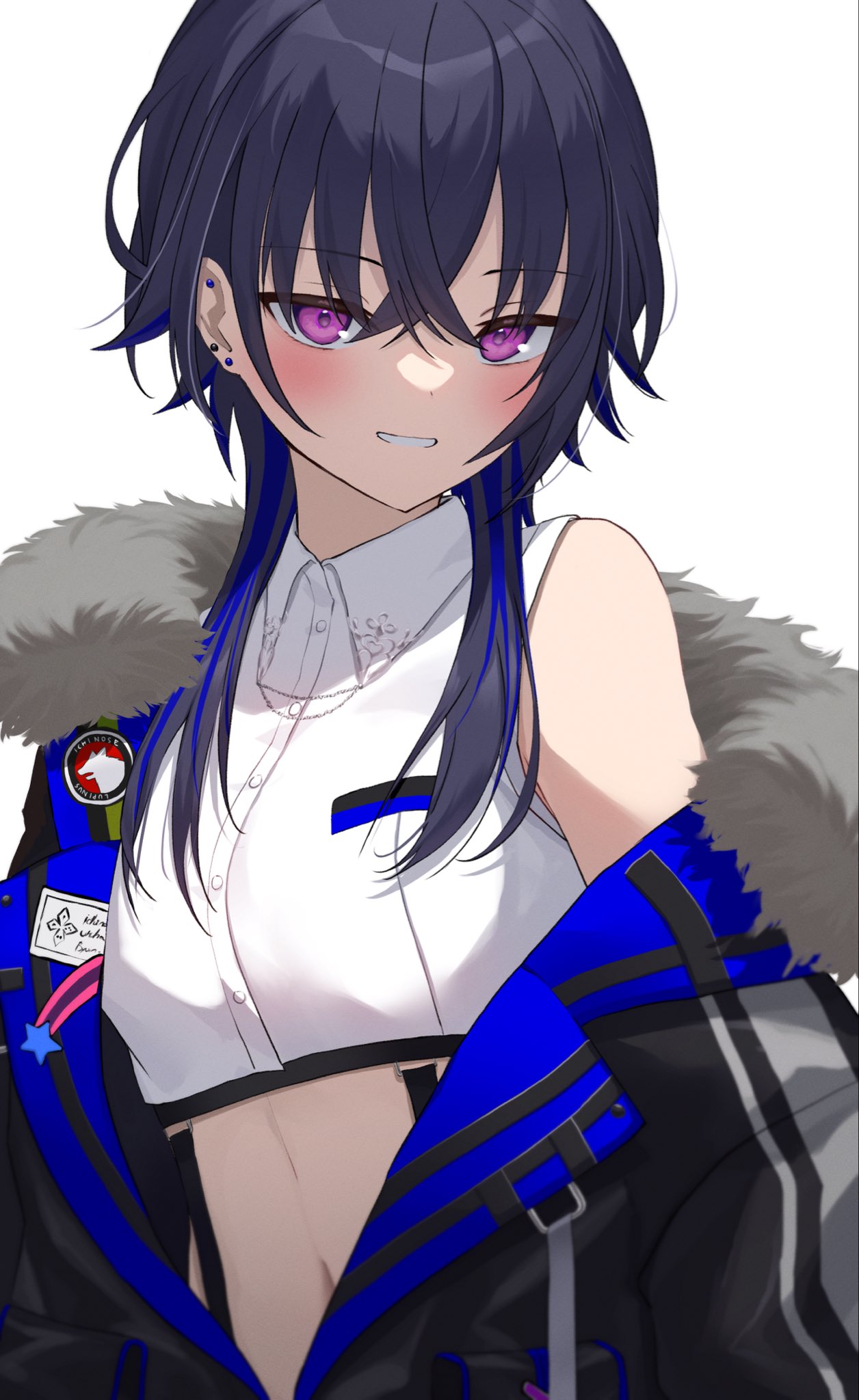 1girl, black_hair, black_jacket, crop_top, crossed_bangs, ear_piercing, earrings, fur-trimmed_jacket