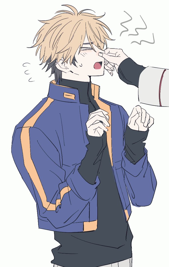 2boys, black_hair, black_shirt, blonde_hair, blue_jacket, blush, cheek_pinching, closed_eyes, flying_sweatdrops, jacket, long_sleeves, male_focus, mr_yheu, multicolored_hair, multiple_boys, open_mouth, pants, pinching, shiguang_dailiren, shirt, short_hair, simple_background, solo_focus, sweatdrop, turtleneck, white_background, xia_fei, xiao_weiying