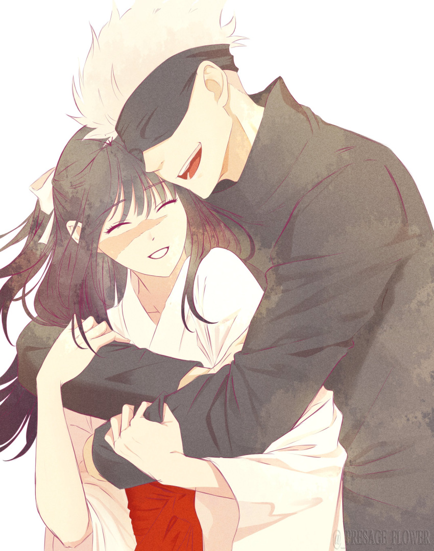 1boy, 1girl, absurdres, black_blindfold, black_hair, blindfold, burn_scar, commentary_request