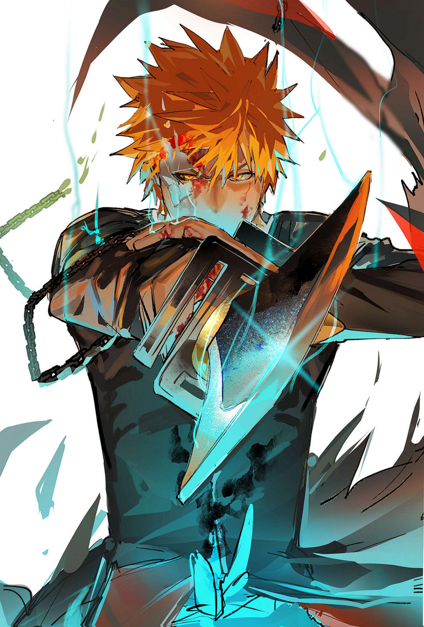 1boy, aiming, aiming_at_viewer, black_robe, bleach, blood, blood_on_clothes, blood_on_face