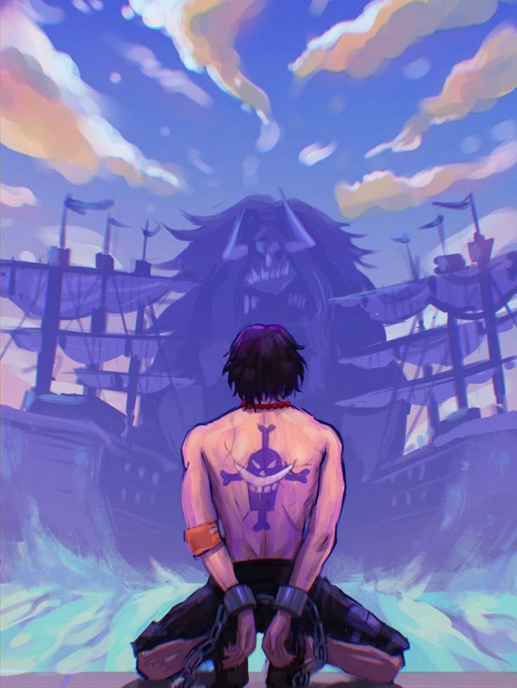 2boys, back_tattoo, black_hair, jolly_roger, kneeling, male_focus, miu_ryy2, multiple_boys