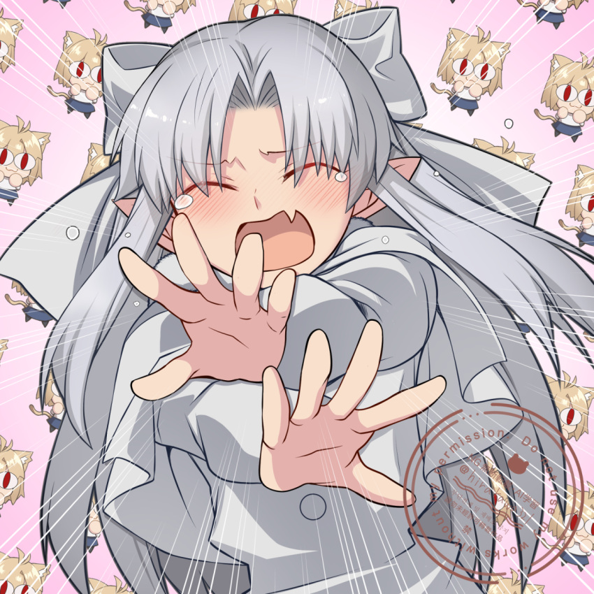 2girls, blush, capelet, cowboy_shot, dress, embarrassed, fang, grey_capelet