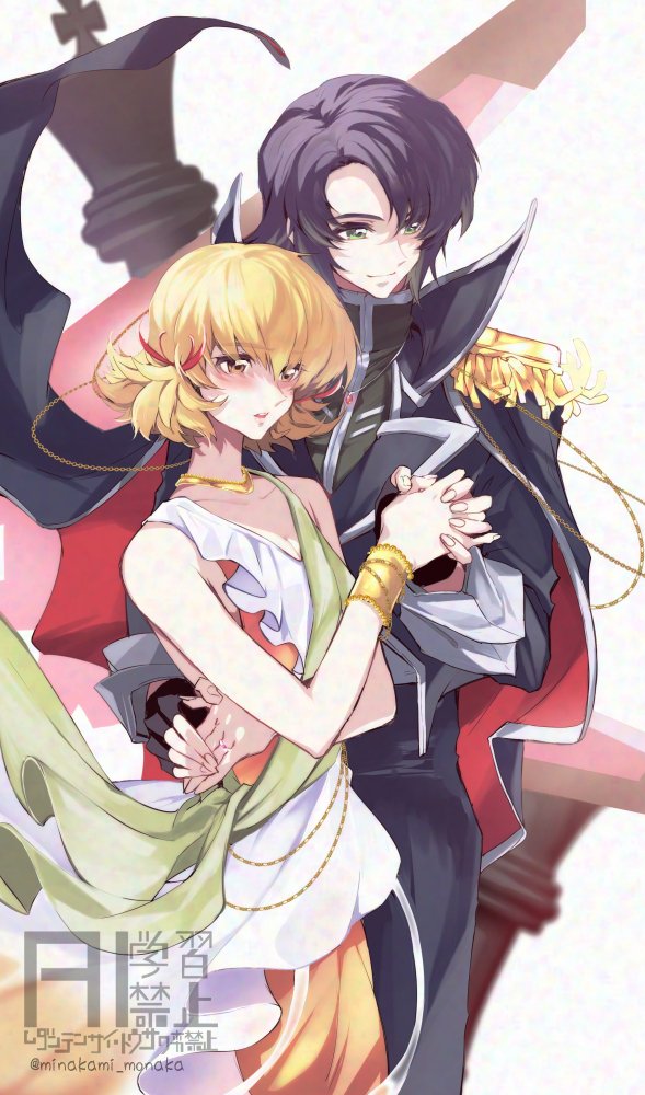 1boy, 1girl, amulet, artist_name, athrun_zala, blonde_hair, blue_hair, cagalli_yula_athha