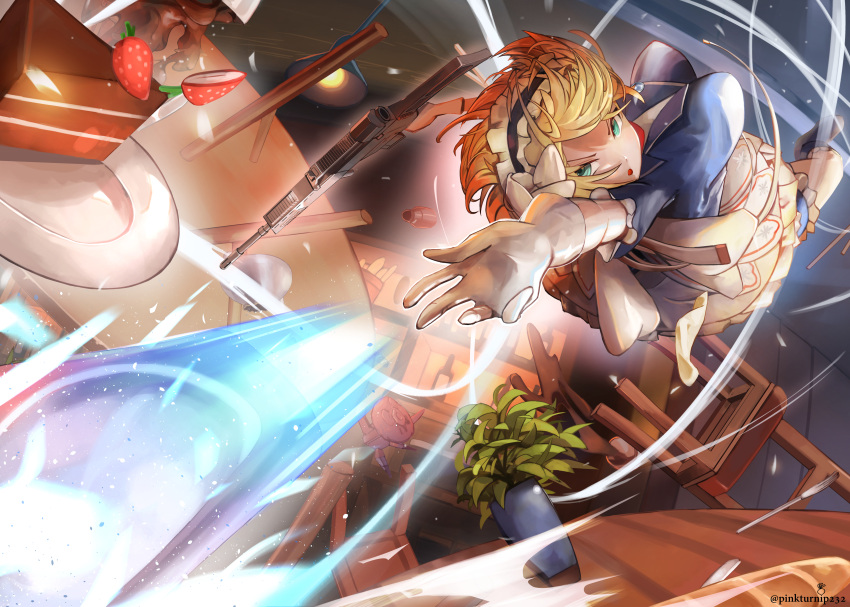 1girl, absurdres, assault_rifle, bent_back, blonde_hair, blue_dress, blue_eyes, breasts, cafe, cake, cake_slice, centaureissi_(girls'_frontline_2), dress, food, full_body, girls'_frontline_2:_exilium, girls_frontline, gloves, gun, h&amp;k_g36, highres, holding, holding_gun, holding_weapon, indoors, jumping, knife, long_hair, looking_at_viewer, looking_back, maid_headdress, medium_breasts, midair, pinkturnip232, rifle, solo, throwing_knife, weapon, white_gloves