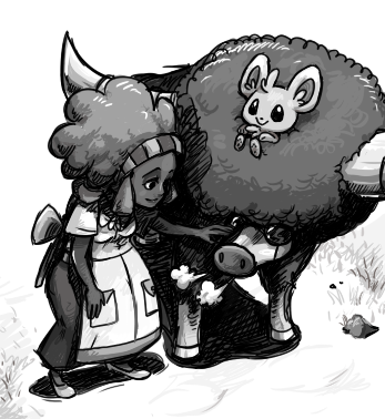 1girl, aloe_(pokemon), apron, bouffalant, dark_skin, lowres, minccino, monochrome