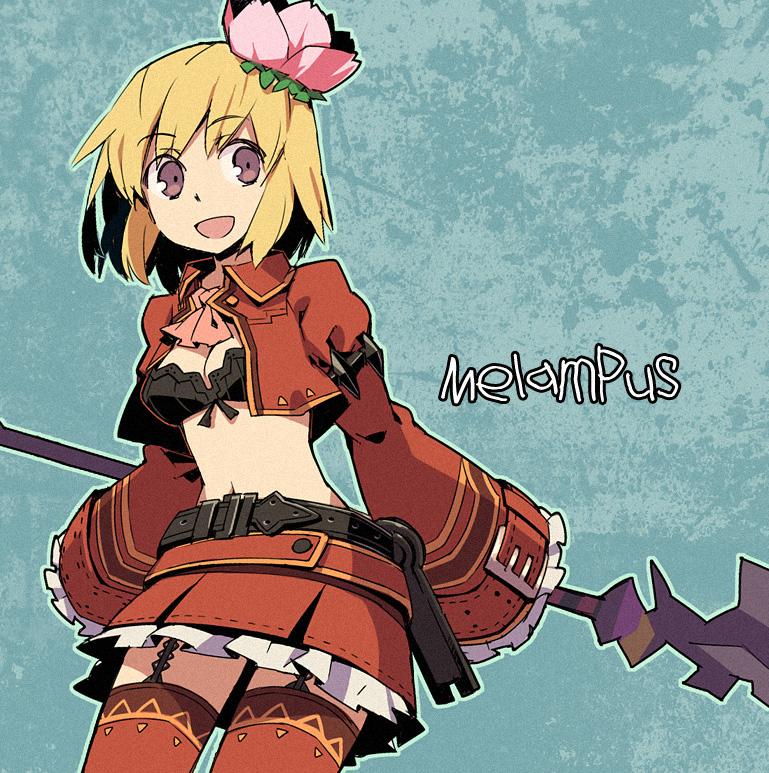 belt, blonde_hair, breasts, cleavage, fantasy_earth_zero, fez, flower, front-tie_top