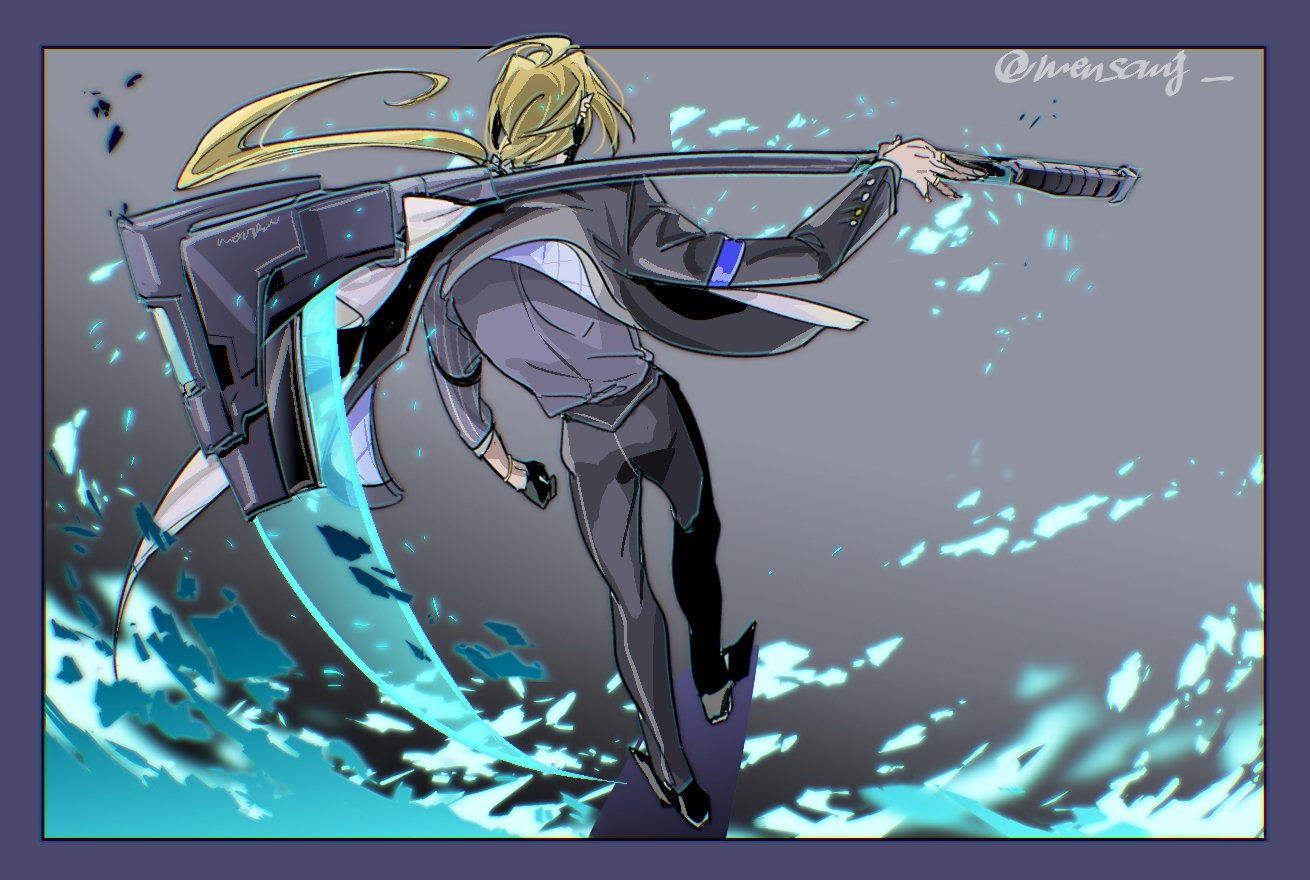 1boy, arm_out_of_sleeve, black_gloves, black_jacket, black_pants, black_shoes, blonde_hair, blue_shirt