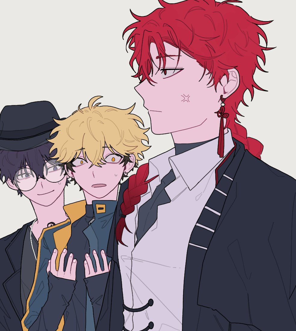 3boys, anger_vein, azg905, black_hair, black_jacket, black_necktie, blonde_hair, blue_jacket