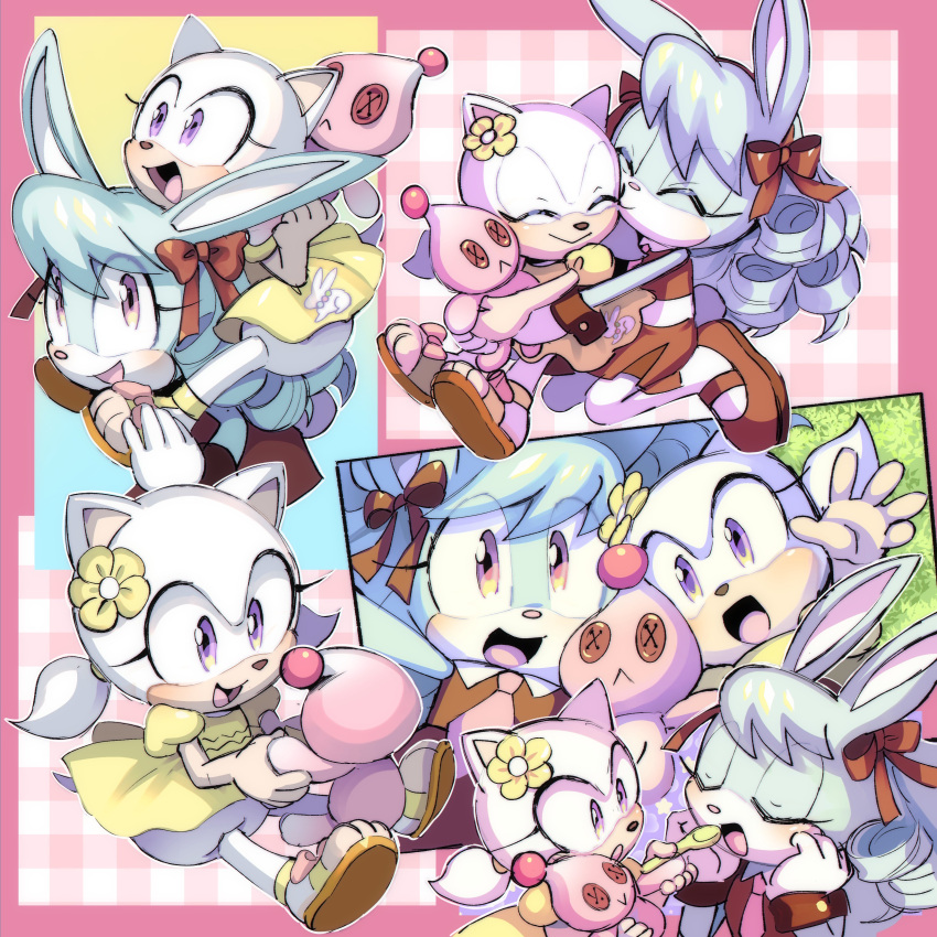 2girls, absurdres, animal_ears, anya_the_rabbit, aura_the_hedgehog, blue_fur, blue_hair, brown_dress