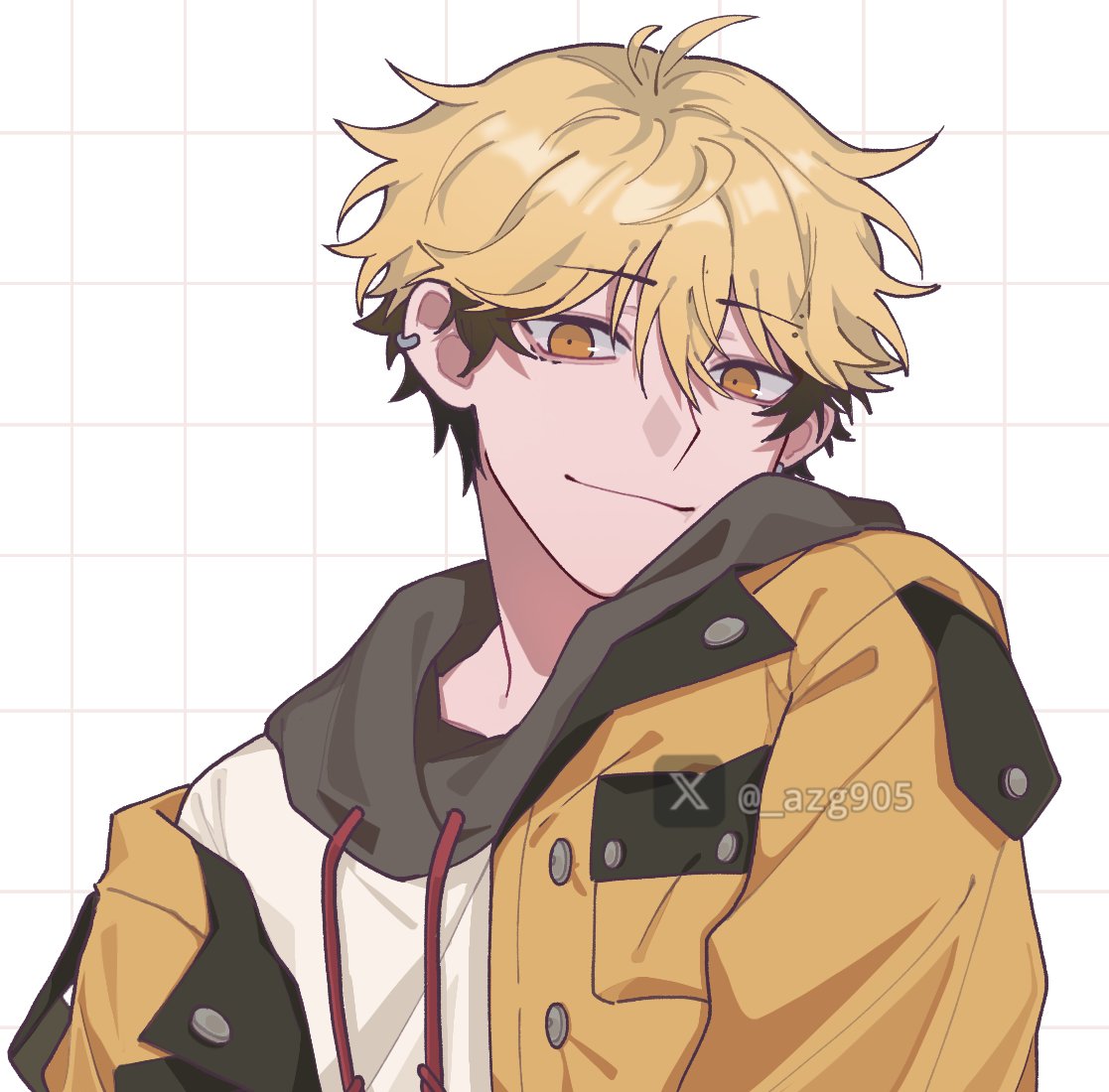 1boy, artist_name, azg905, black_hair, blonde_hair, closed_mouth, drawstring, ear_piercing, earrings, hair_between_eyes, hood, hood_down, hoodie, jacket, jewelry, long_sleeves, looking_at_viewer, male_focus, multicolored_hair, piercing, shiguang_dailiren, short_hair, simple_background, smile, solo, twitter_username, two-tone_hair, upper_body, white_background, xia_fei, yellow_eyes, yellow_jacket