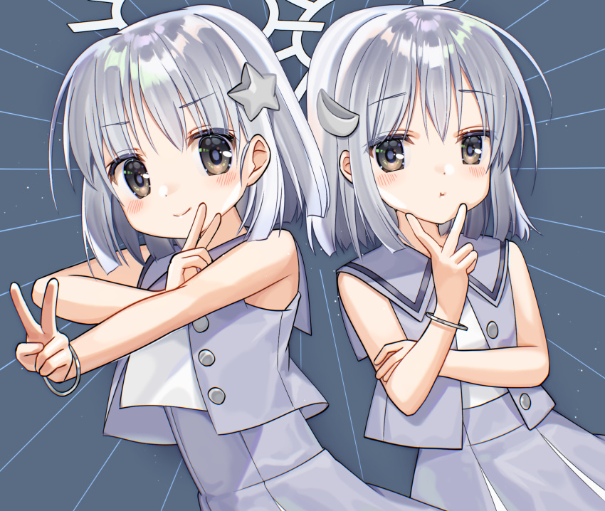 2girls, bob_cut, bright_pupils, coeiroink, crescent, crescent_hair_ornament, grey_eyes, grey_hair
