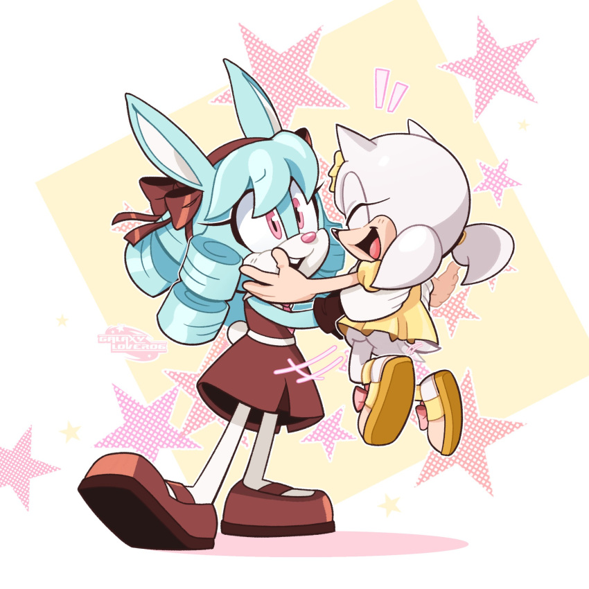 2girls, animal_ears, anya_the_rabbit, aura_the_hedgehog, blue_fur, blue_hair, brown_dress, brown_shoes, dress, furry, furry_female, galaxylover06, gloves, highres, multiple_girls, open_mouth, original, pink_eyes, rabbit_ears, rabbit_girl, ringlets, sandals, shoes, sonic_(series), white_fur, white_gloves, yellow_dress, yellow_sandals