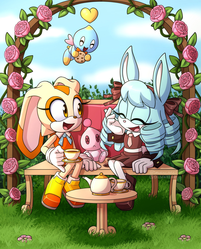 2girls, animal_ears, anya_the_rabbit, blue_fur, blue_hair, blue_sky, brown_dress, brown_eyes