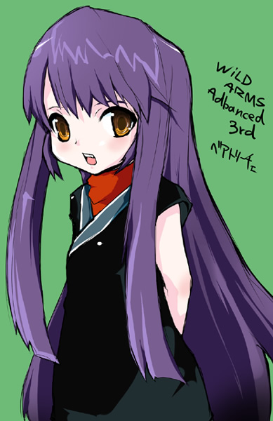 arm_behind_back, artist_request, beatrice_(wild_arms), beatrice_(wild_arms_3), black_dress, blush, brown_eyes, character_name