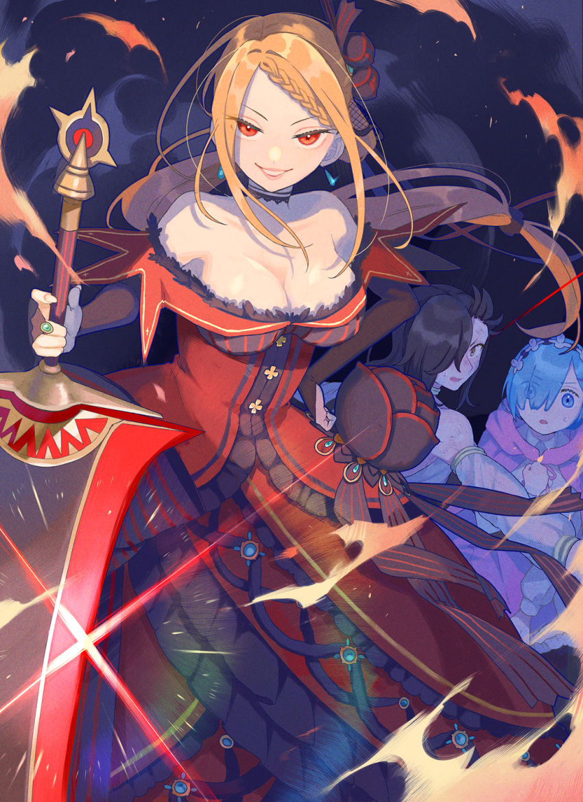 1boy, 2girls, beatrice_(re:zero), blue_hair, crossdressing, dress, fire, grin