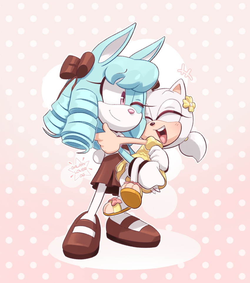 2girls, animal_ears, anya_the_rabbit, aura_the_hedgehog, blue_fur, blue_hair, brown_dress, brown_shoes