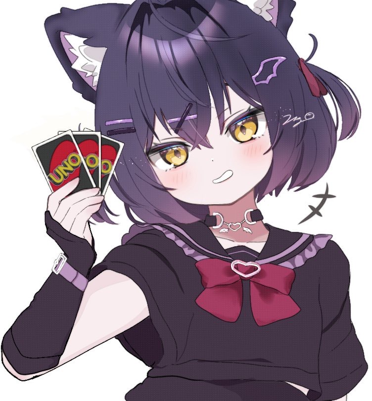 +++, 1girl, ahoge, animal_ear_fluff, animal_ears, black_gloves, black_hair, black_sailor_collar, black_serafuku, black_shirt, blush, bow, bowtie, card, cat_ears, cat_girl, chocolat_(vrchat), choker, fingerless_gloves, frilled_sailor_collar, frills, gloves, gradient_hair, grin, hair_between_eyes, hair_ornament, hair_ribbon, hairclip, head_tilt, heart, holding, holding_card, looking_at_viewer, multicolored_hair, one_side_up, playing_card, purple_hair, red_bow, red_bowtie, ribbon, sailor_collar, school_uniform, serafuku, shirt, short_hair, short_sleeves, simple_background, smile, smug, solo, two_side_up, uno_(game), upper_body, user_mxmy5742, vrchat, white_background, yellow_eyes