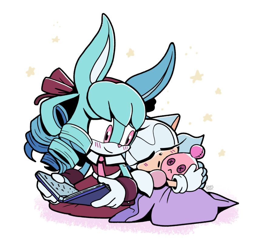 2girls, animal_ears, anya_the_rabbit, aura_the_hedgehog, blue_fur, blue_hair, blush, book
