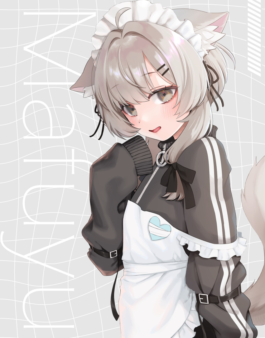 1girl, :d, absurdres, ahoge, animal_ear_fluff, animal_ears, apron, arm_belt