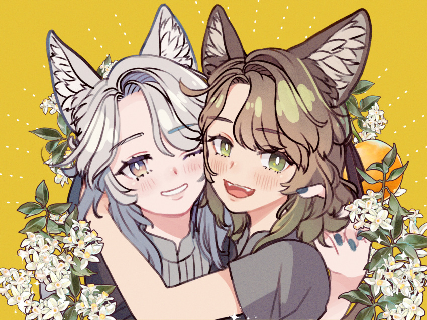 2girls, :d, ;d, animal_ear_fluff, animal_ears, apple, black_ribbon, black_shirt, black_vest, blue_nails, blush, bright_pupils, brown_hair, cheek-to-cheek, collared_shirt, fang, fangs, fingernails, flower, food, fox_ears, fruit, green_eyes, grey_eyes, grey_hair, grey_nails, grey_shirt, grin, harukii, heads_together, hug, leaf, lily_(flower), long_hair, looking_at_viewer, marycia_(vrchat), medium_hair, multicolored_hair, multiple_girls, nail_polish, one_eye_closed, open_mouth, parted_lips, portrait, ribbon, shirt, short_hair, short_sleeves, simple_background, slit_pupils, smile, swept_bangs, teeth, upper_body, vest, vrchat, white_flower, white_hair, white_pupils, wolf_girl, yellow_background, yuri
