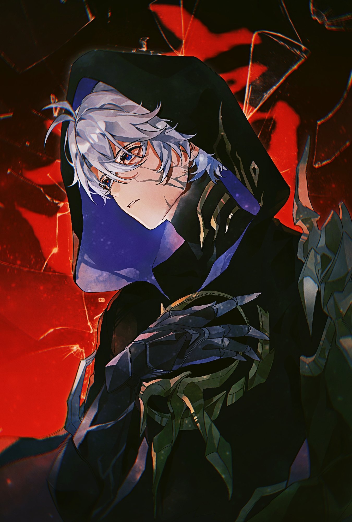 1boy, antenna_hair, armor, armored_gloves, black_background, black_cloak, blue_eyes, cloak