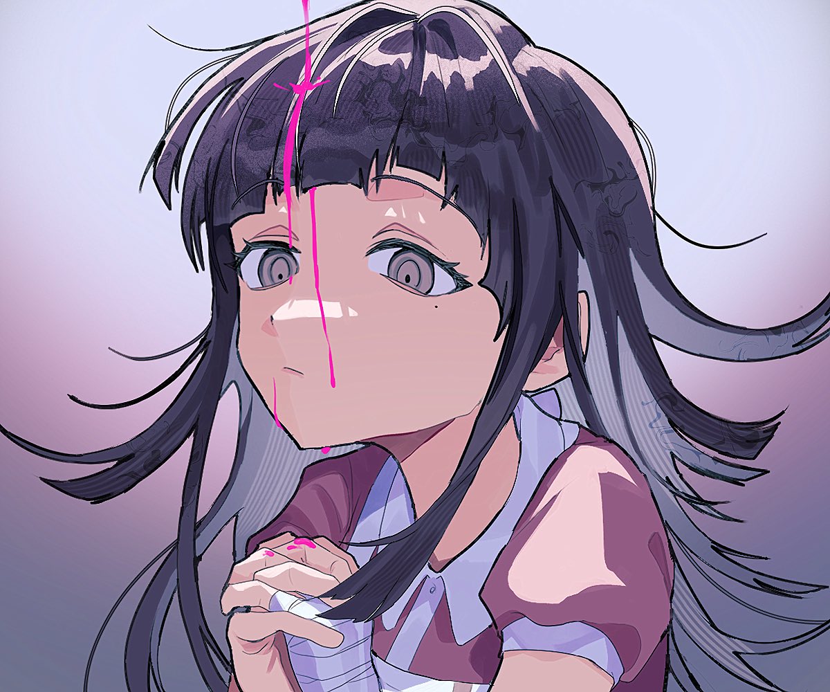 1girl, bandaged_arm, bandages, black_hair, collared_shirt, cotolu, danganronpa_(series), danganronpa_2:_goodbye_despair