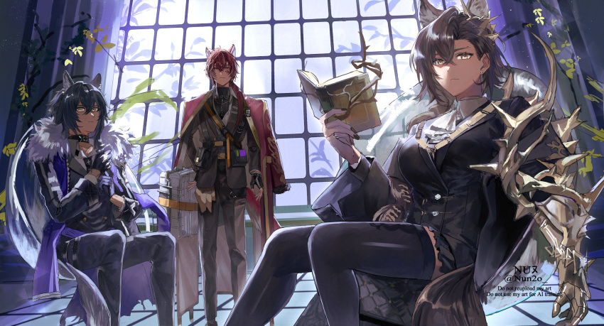 1girl, 2boys, absurdres, animal_ears, arknights, ascot, black_gloves, black_hair