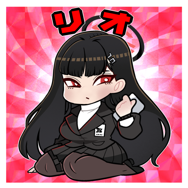 1girl, black_hair, black_pantyhose, blue_archive, blunt_bangs, breasts, character_name, chibi