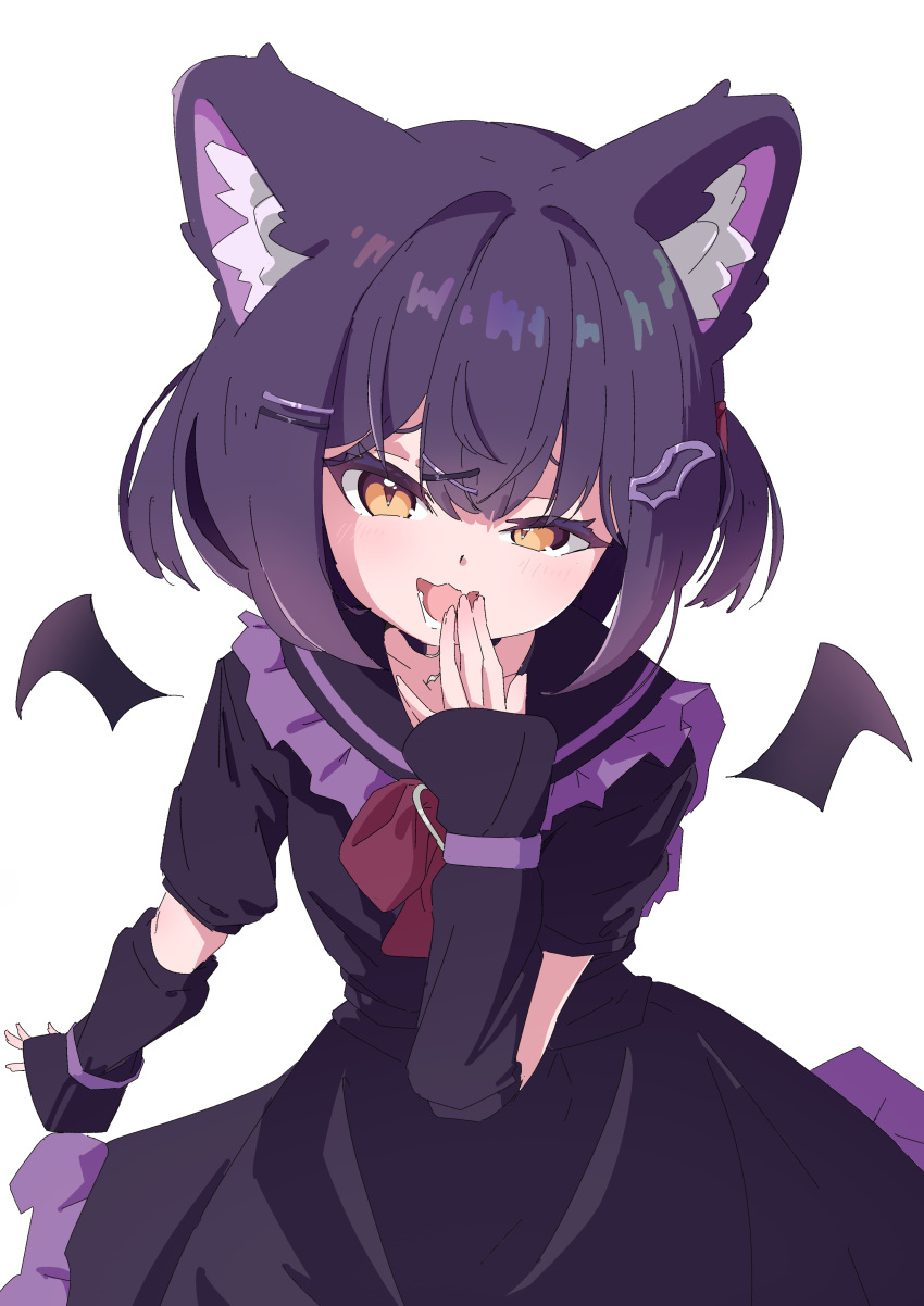 1girl, :d, absurdres, animal_ear_fluff, animal_ears, arm_warmers, bat_wings, black_dress