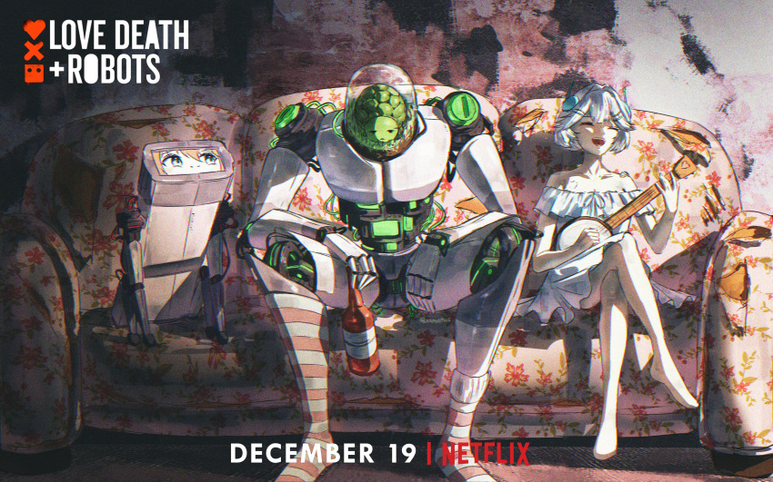1boy, 2girls, :d, absurdres, android, antennae, arm_on_thigh, asymmetrical_legwear