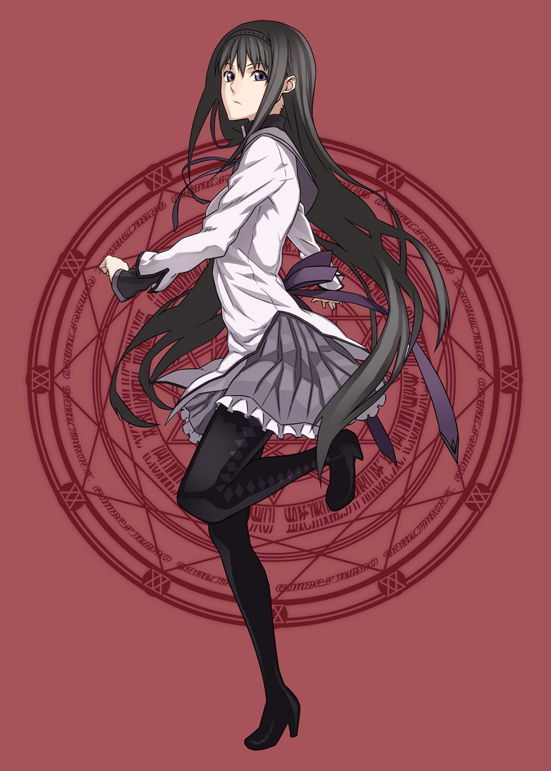 akemi_homura, black_hair, hairband, long_hair, looking_back, magic_circle, magical_girl, mahou_shoujo_madoka_magica, one_leg_up, pantyhose, purple_eyes, sami_(artist), sami_(object_dump), skirt, solo, standing_on_one_leg, violet_eyes