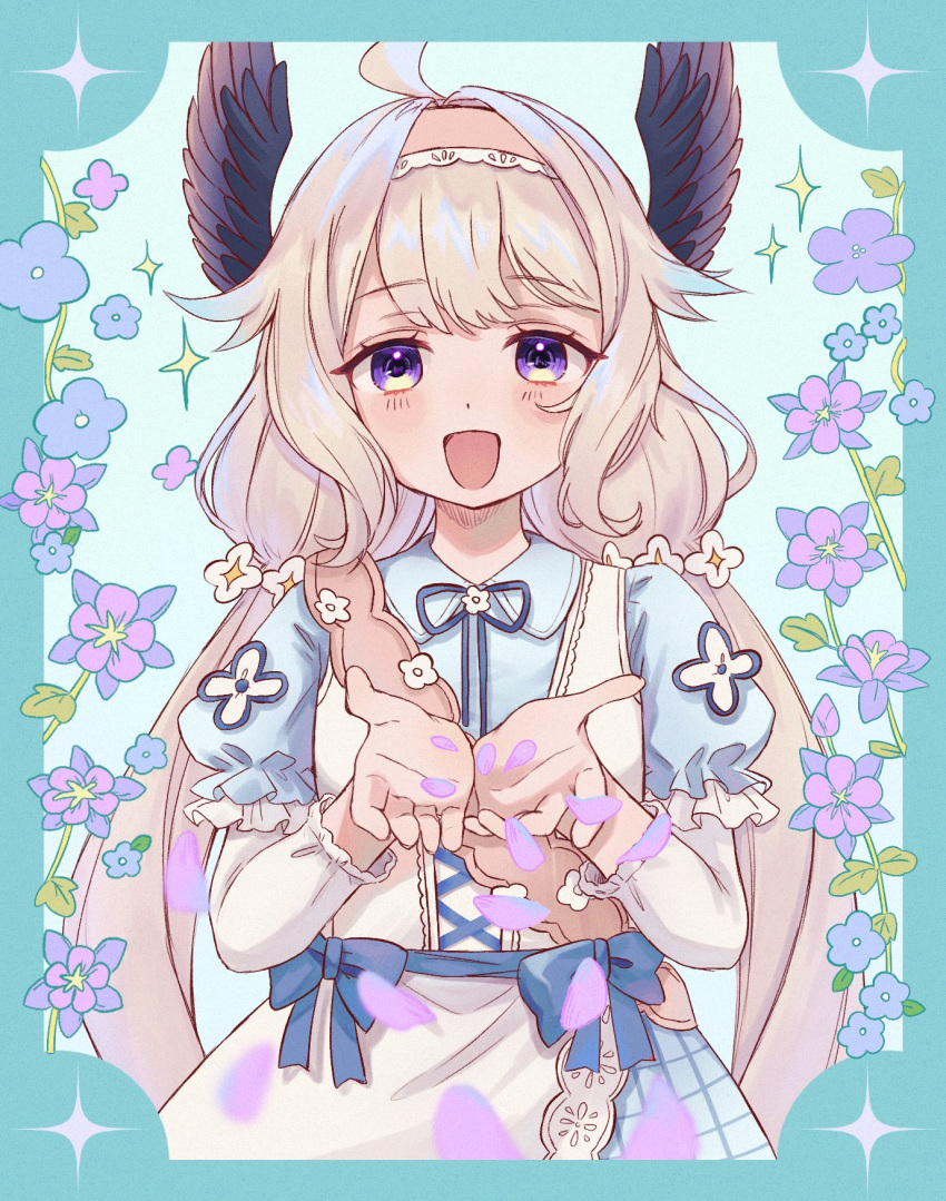 1girl, :d, ahoge, blonde_hair, blush, dot_nose, dress, enna_alouette