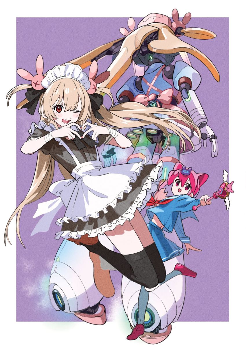 3girls, android, apron, black_dress, black_thighhighs, blonde_hair, blue_serafuku, blue_shirt