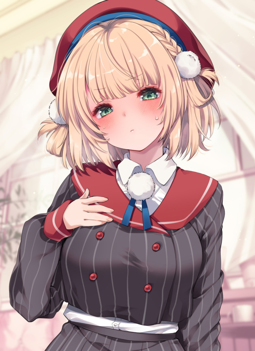 1girl, beret, black_jacket, black_skirt, blonde_hair, blush, braid, breasts