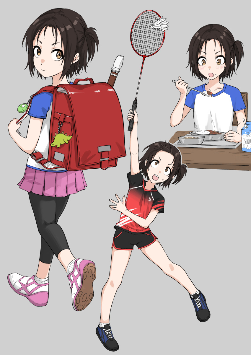 1girl, absurdres, backpack, badminton, badminton_racket, bag, blue_shirt, brown_eyes