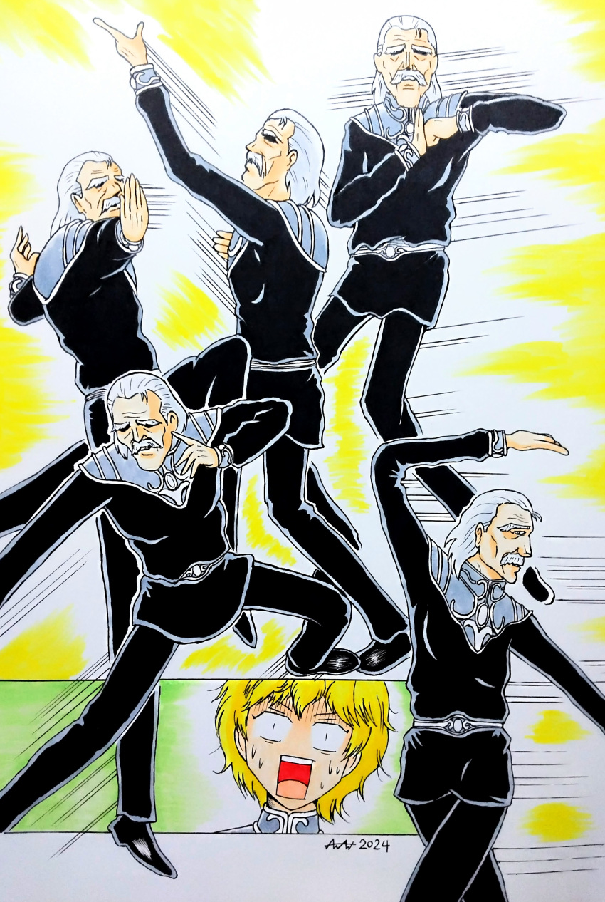 2boys, absurdres, anan_copic, arm_up, black_pants, blonde_hair, dancing, dated, facial_hair, ginga_eiyuu_densetsu, highres, long_sleeves, mayu-tan_no_kung_fu_(meme), meme, multiple_boys, mustache, old, old_man, pants, parody, reinhard_von_lohengramm, richard_von_grimmelhausen, speed_lines, white_hair
