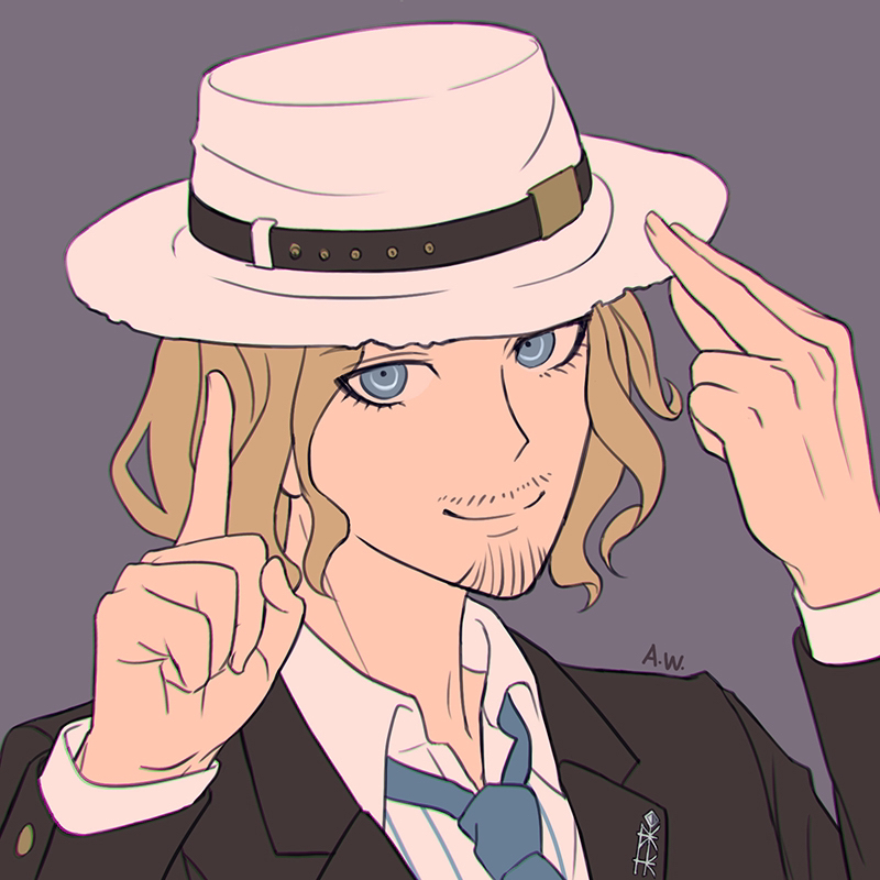 1boy, black_jacket, blonde_hair, collared_shirt, danganronpa_(series), danganronpa_3_(anime), facial_hair, formal_clothes