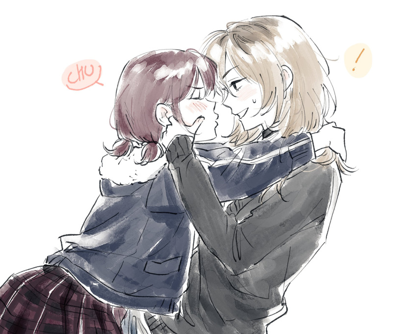 !, 2girls, arms_around_neck, black_sweater, blue_jacket, blush, closed_eyes, commentary_request, from_side, girls_band_cry, grey_hair, grin, highres, iseri_nina, jacket, kawaragi_momoka, korean_commentary, long_hair, long_sleeves, looking_at_another, multiple_girls, plaid_clothes, plaid_skirt, profile, puckered_lips, red_hair, red_skirt, rkh, short_twintails, simple_background, skirt, smile, sweatdrop, sweater, twintails, white_background, yuri